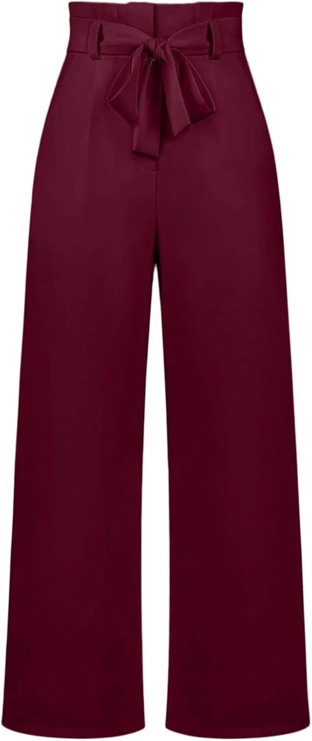 YOLAI Women High Waisted Belt Pants Casual Solid Color Straight Wide Leg Pant Business Work Trousers with Pockets