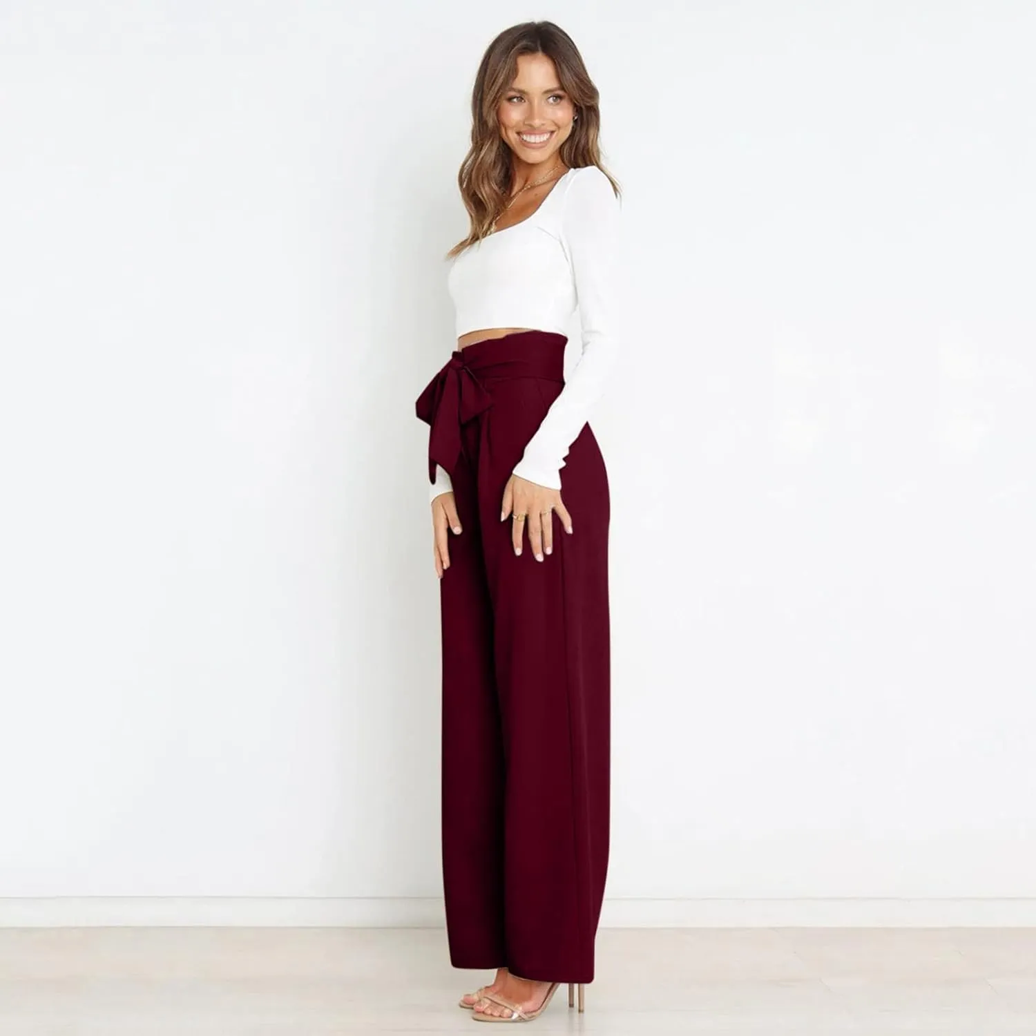 YOLAI Women High Waisted Belt Pants Casual Solid Color Straight Wide Leg Pant Business Work Trousers with Pockets