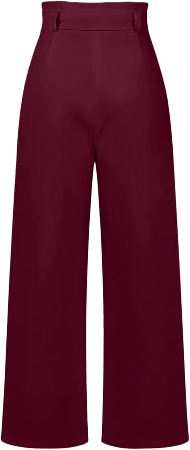 YOLAI Women High Waisted Belt Pants Casual Solid Color Straight Wide Leg Pant Business Work Trousers with Pockets
