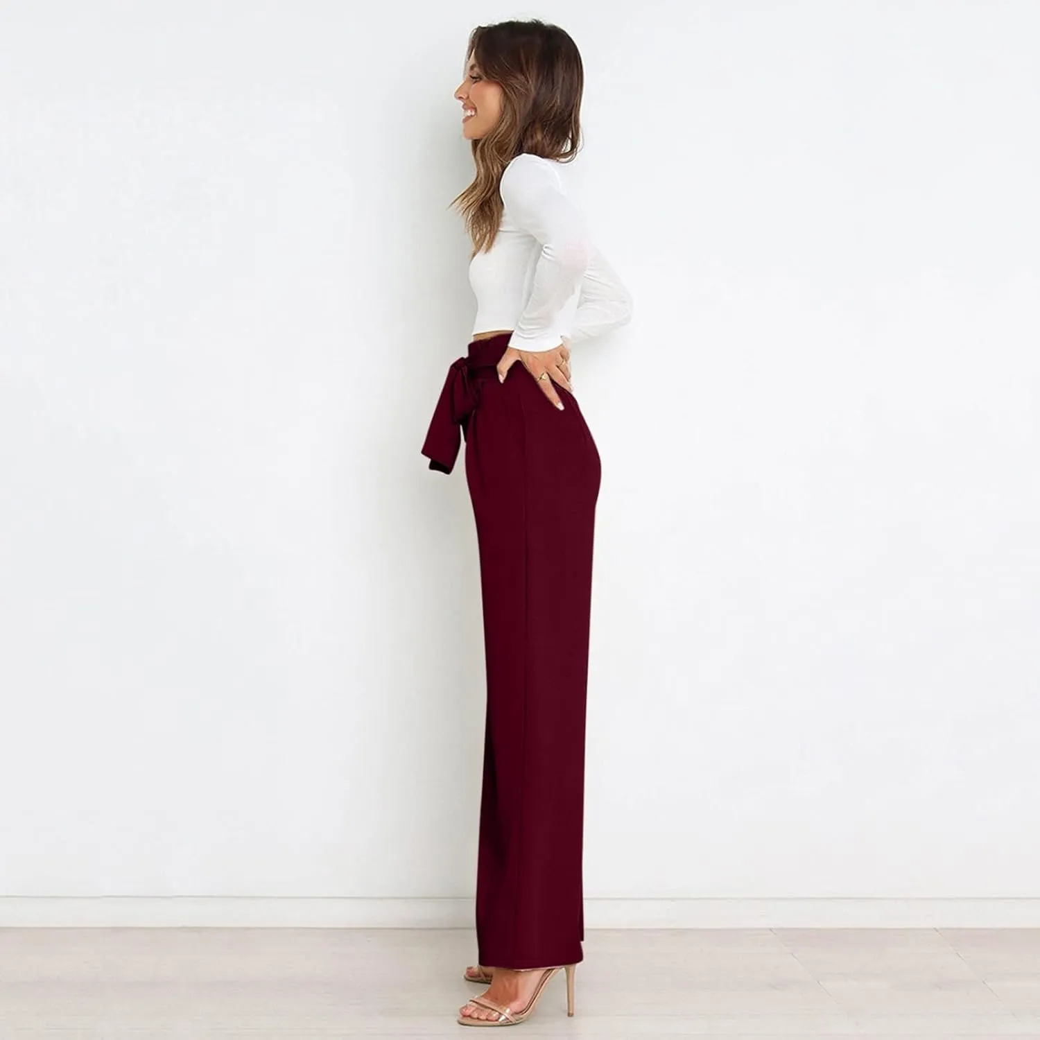 YOLAI Women High Waisted Belt Pants Casual Solid Color Straight Wide Leg Pant Business Work Trousers with Pockets