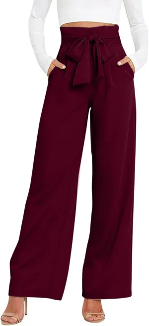 YOLAI Women High Waisted Belt Pants Casual Solid Color Straight Wide Leg Pant Business Work Trousers with Pockets