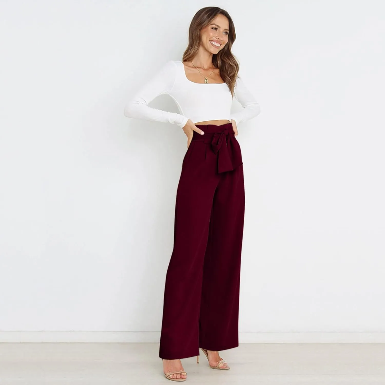 YOLAI Women High Waisted Belt Pants Casual Solid Color Straight Wide Leg Pant Business Work Trousers with Pockets