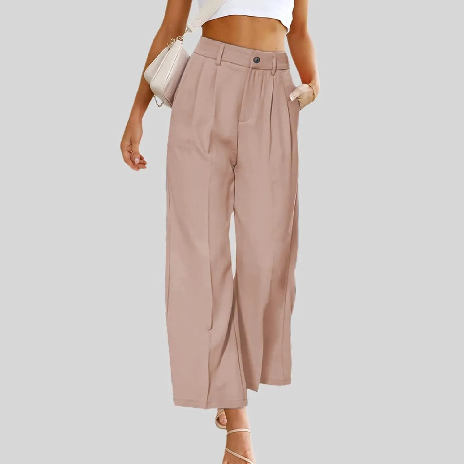 YOLAI Womens Casual High Waisted Wide Leg Pants Work Straight Leg Trousers with Pockets