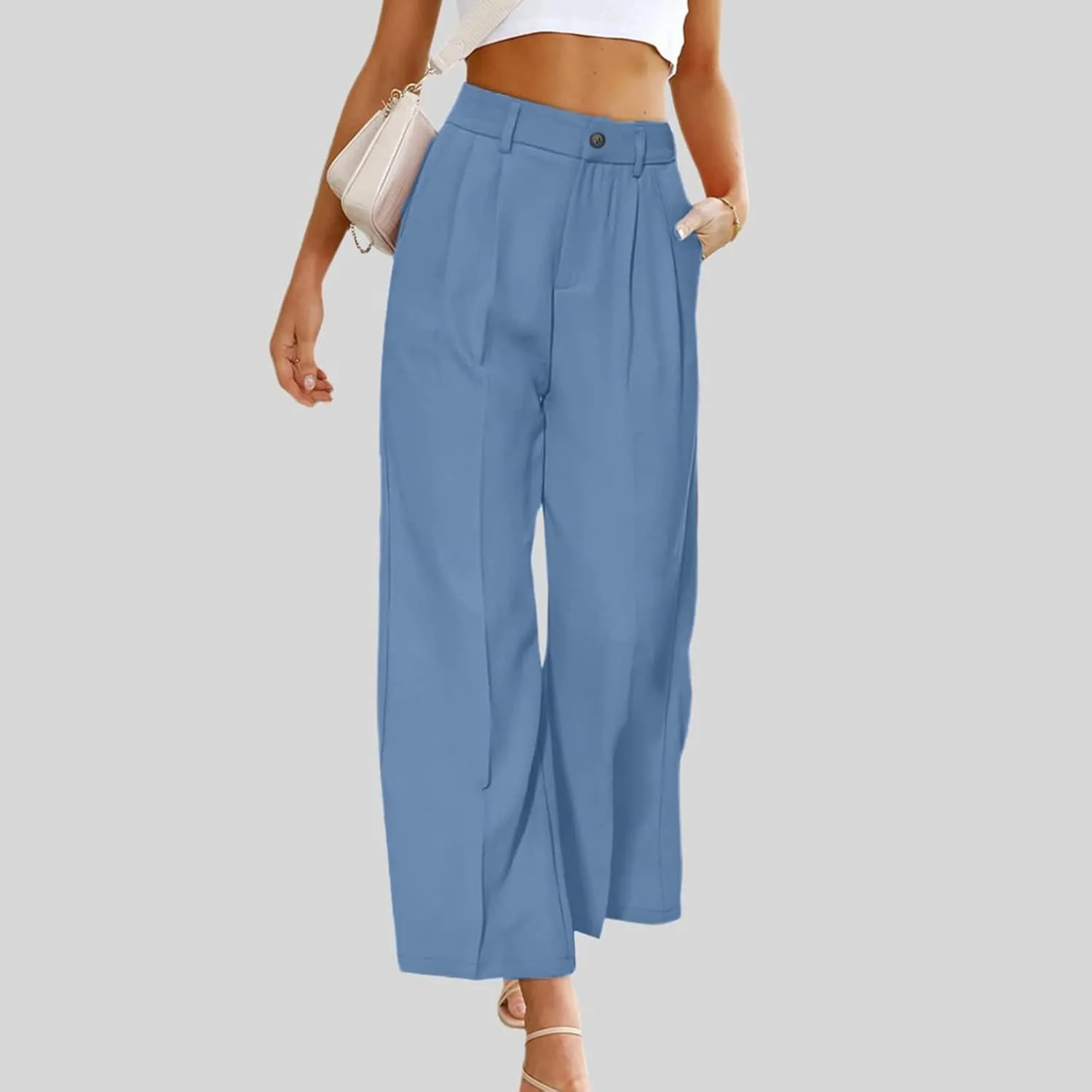 YOLAI Womens Casual High Waisted Wide Leg Pants Work Straight Leg Trousers with Pockets