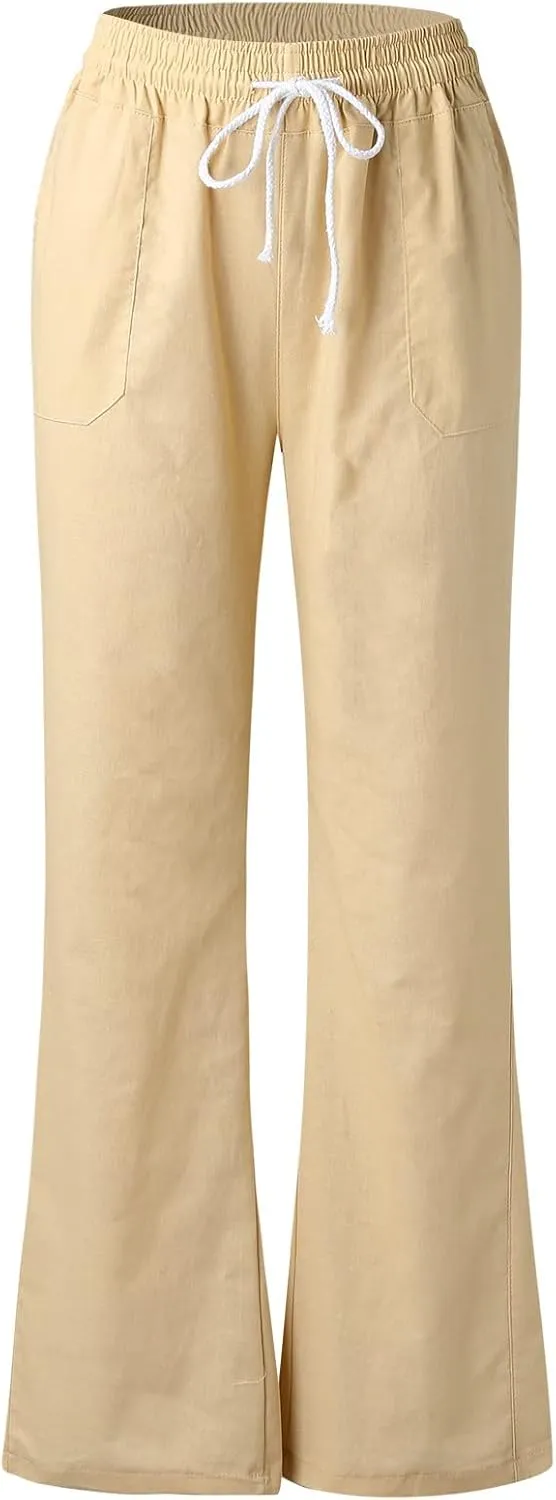 YOLAI Women's Casual Linen Pants Low Waist Drawstring Beach Trousers with Pockets Yoga Palazzo Exercise Pants with Pocket (Khaki, M)