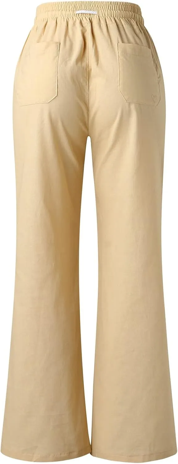 YOLAI Women's Casual Linen Pants Low Waist Drawstring Beach Trousers with Pockets Yoga Palazzo Exercise Pants with Pocket (Khaki, M)