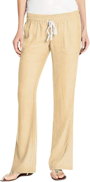 YOLAI Women's Casual Linen Pants Low Waist Drawstring Beach Trousers with Pockets Yoga Palazzo Exercise Pants with Pocket (Khaki, M)