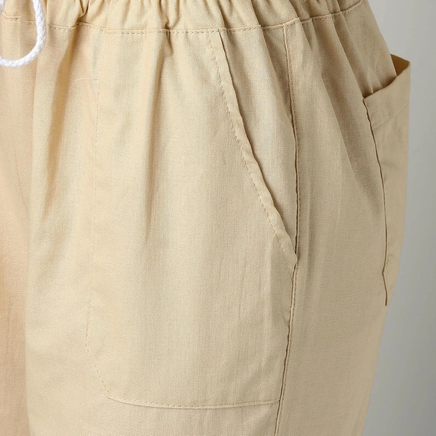 YOLAI Women's Casual Linen Pants Low Waist Drawstring Beach Trousers with Pockets Yoga Palazzo Exercise Pants with Pocket (Khaki, M)