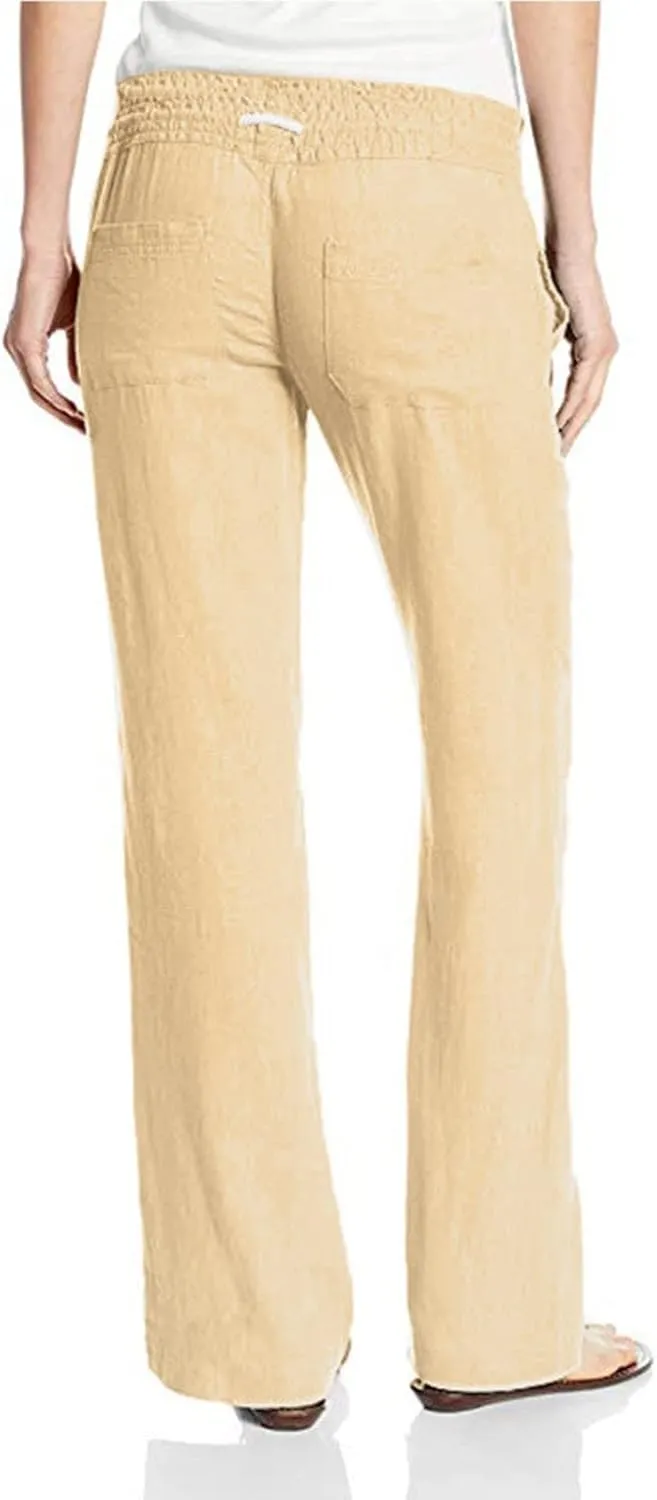 YOLAI Women's Casual Linen Pants Low Waist Drawstring Beach Trousers with Pockets Yoga Palazzo Exercise Pants with Pocket (Khaki, M)