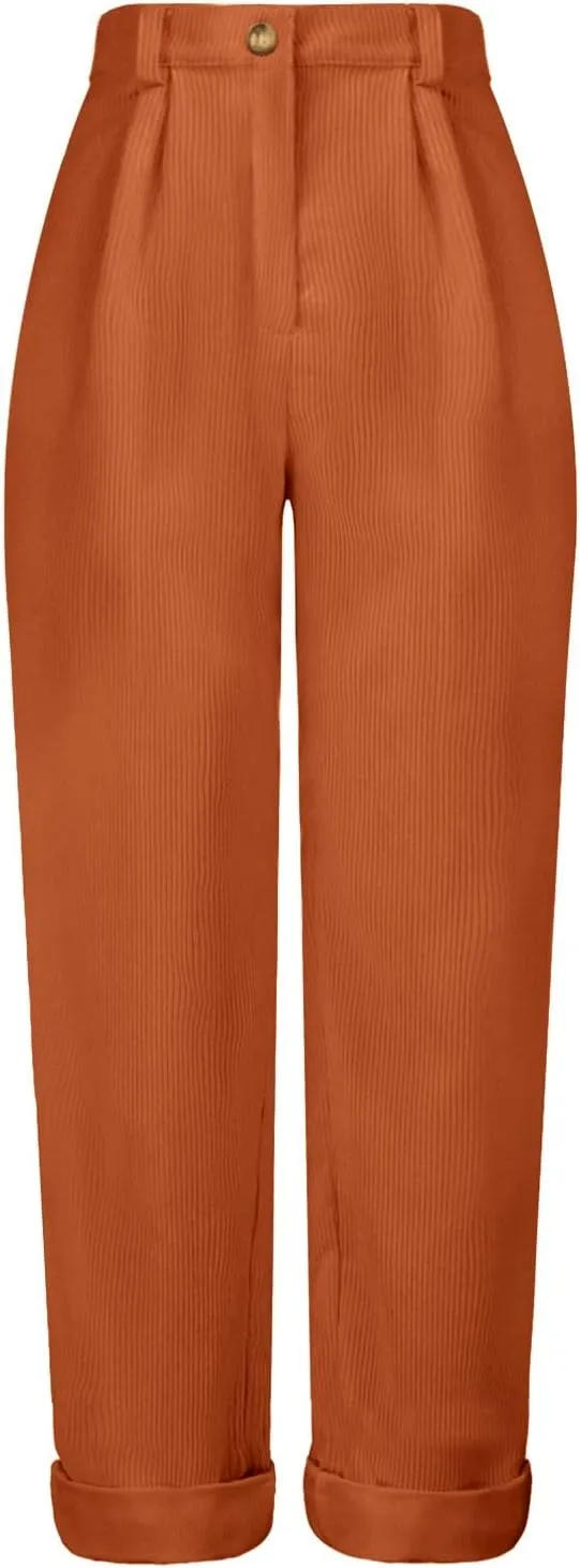 YOLAI Womens Corduroy Straight Leg Pants Elegant Casual High Waist Trousers Business Work Trousers with Pockets