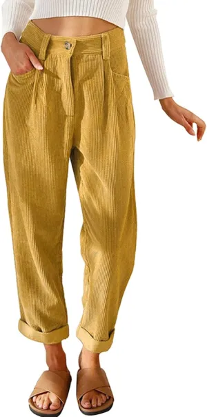 YOLAI Womens Corduroy Straight Leg Pants Elegant Casual High Waist Trousers Business Work Trousers with Pockets