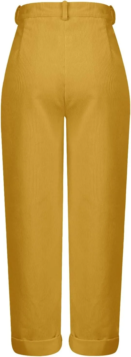 YOLAI Womens Corduroy Straight Leg Pants Elegant Casual High Waist Trousers Business Work Trousers with Pockets