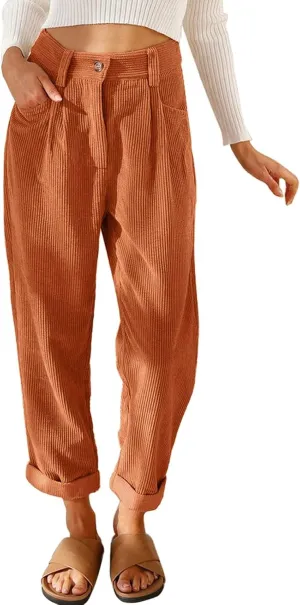 YOLAI Womens Corduroy Straight Leg Pants Elegant Casual High Waist Trousers Business Work Trousers with Pockets