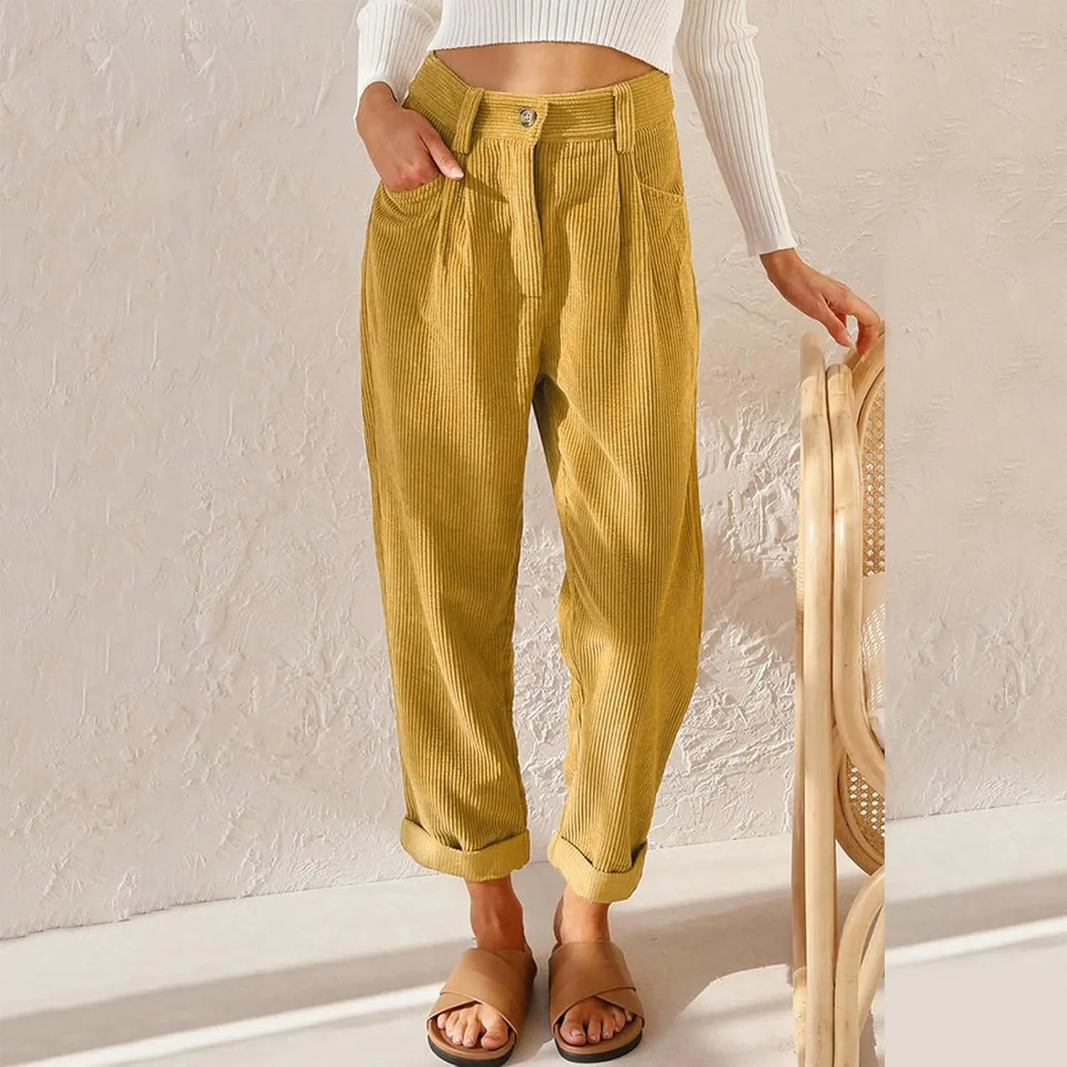 YOLAI Womens Corduroy Straight Leg Pants Elegant Casual High Waist Trousers Business Work Trousers with Pockets