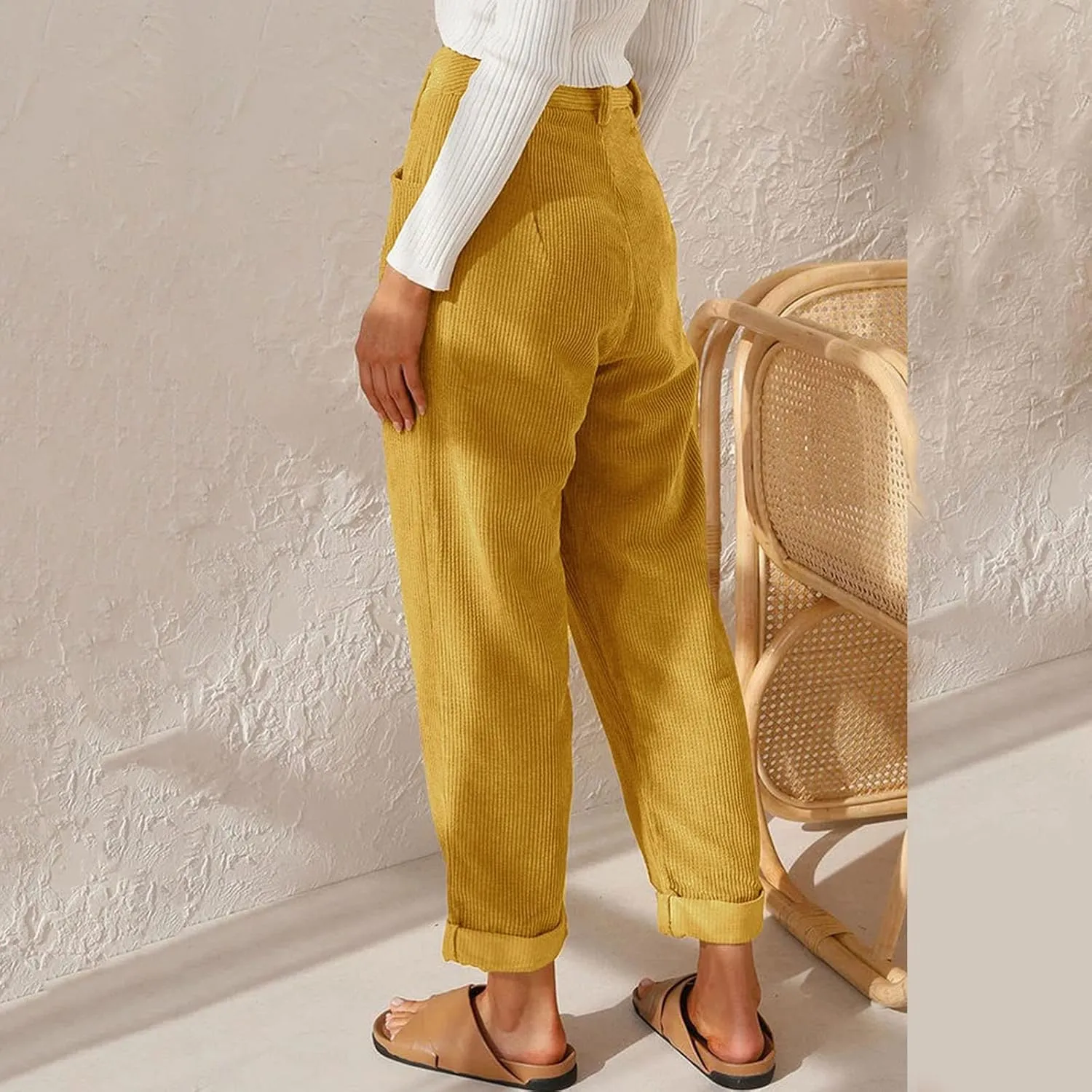 YOLAI Womens Corduroy Straight Leg Pants Elegant Casual High Waist Trousers Business Work Trousers with Pockets