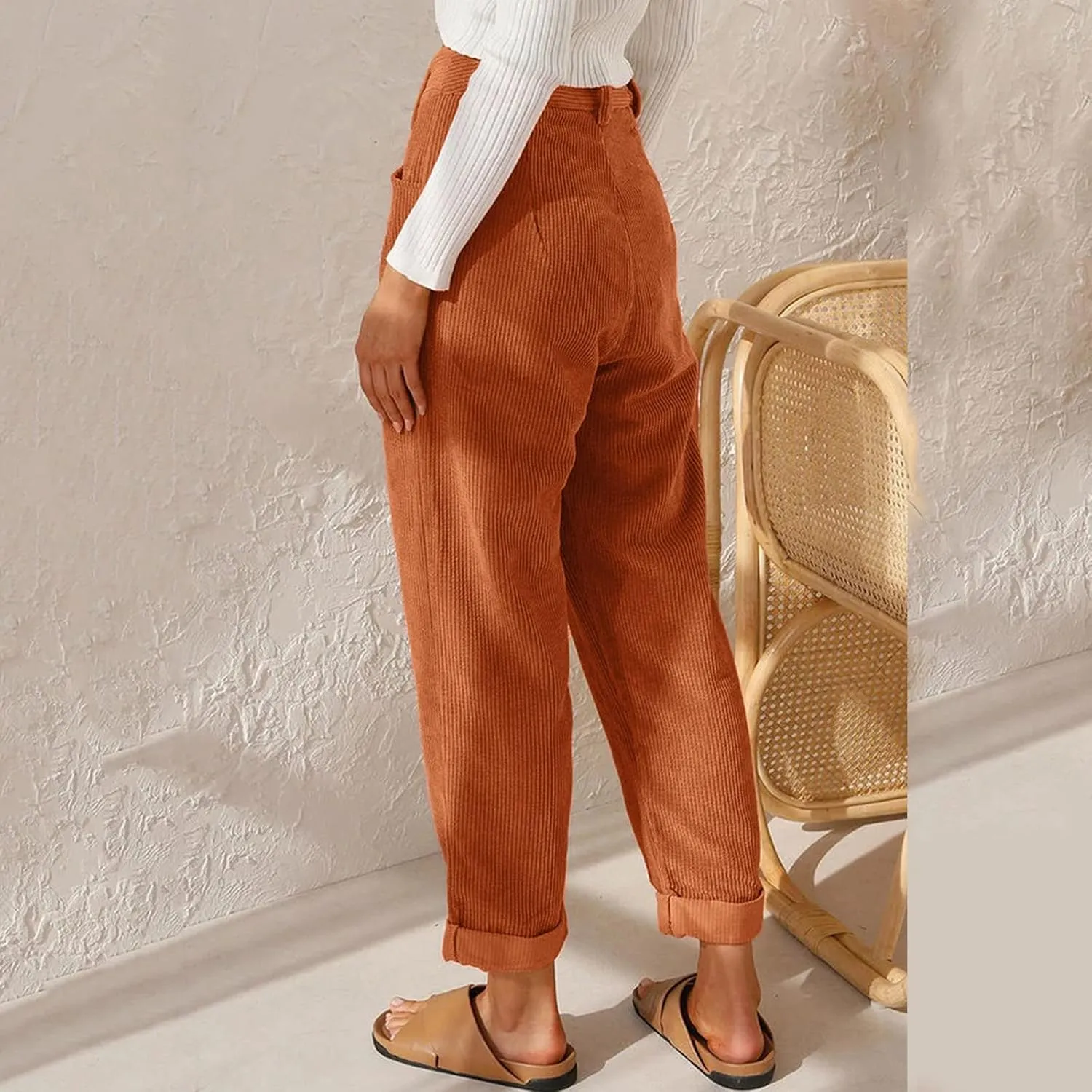 YOLAI Womens Corduroy Straight Leg Pants Elegant Casual High Waist Trousers Business Work Trousers with Pockets