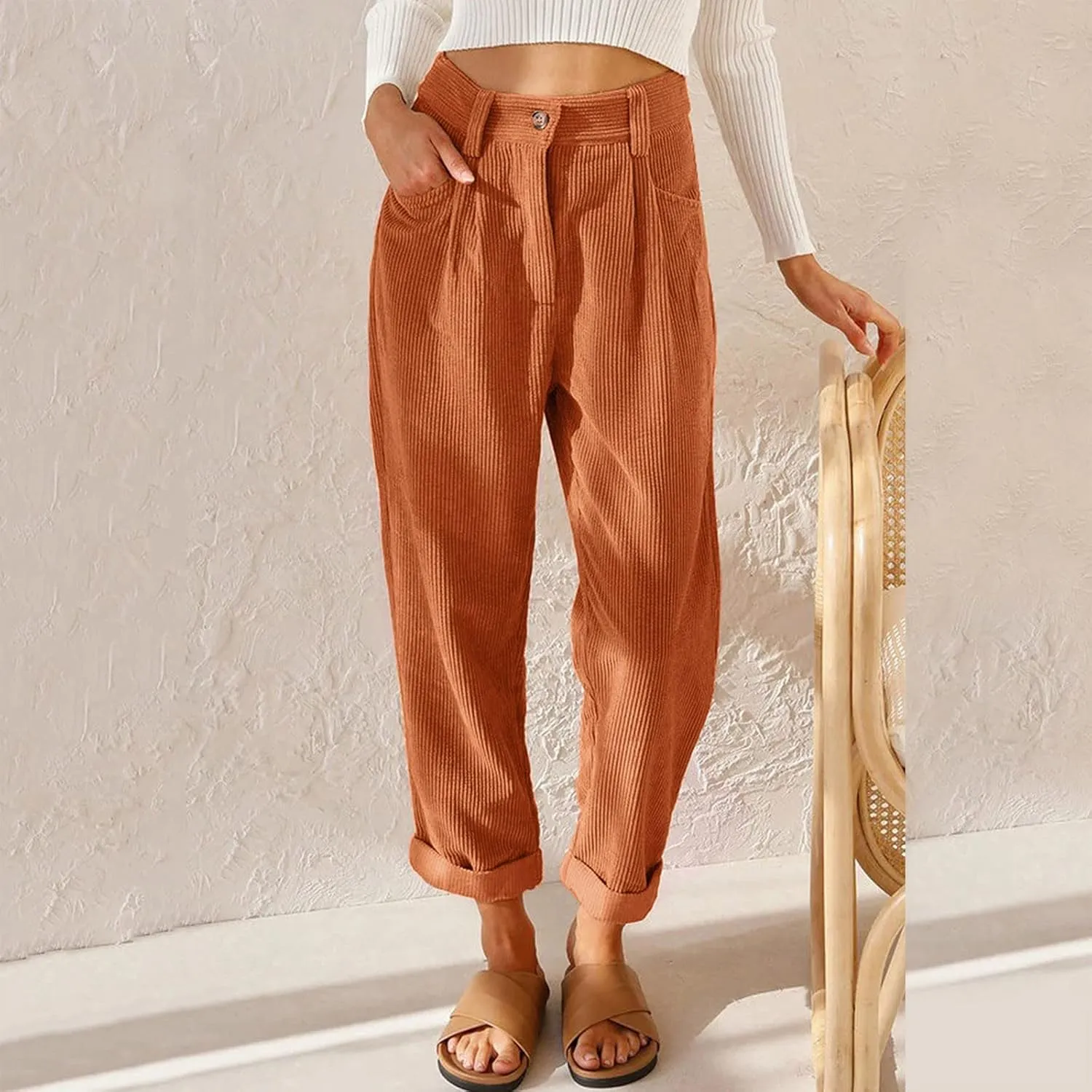 YOLAI Womens Corduroy Straight Leg Pants Elegant Casual High Waist Trousers Business Work Trousers with Pockets