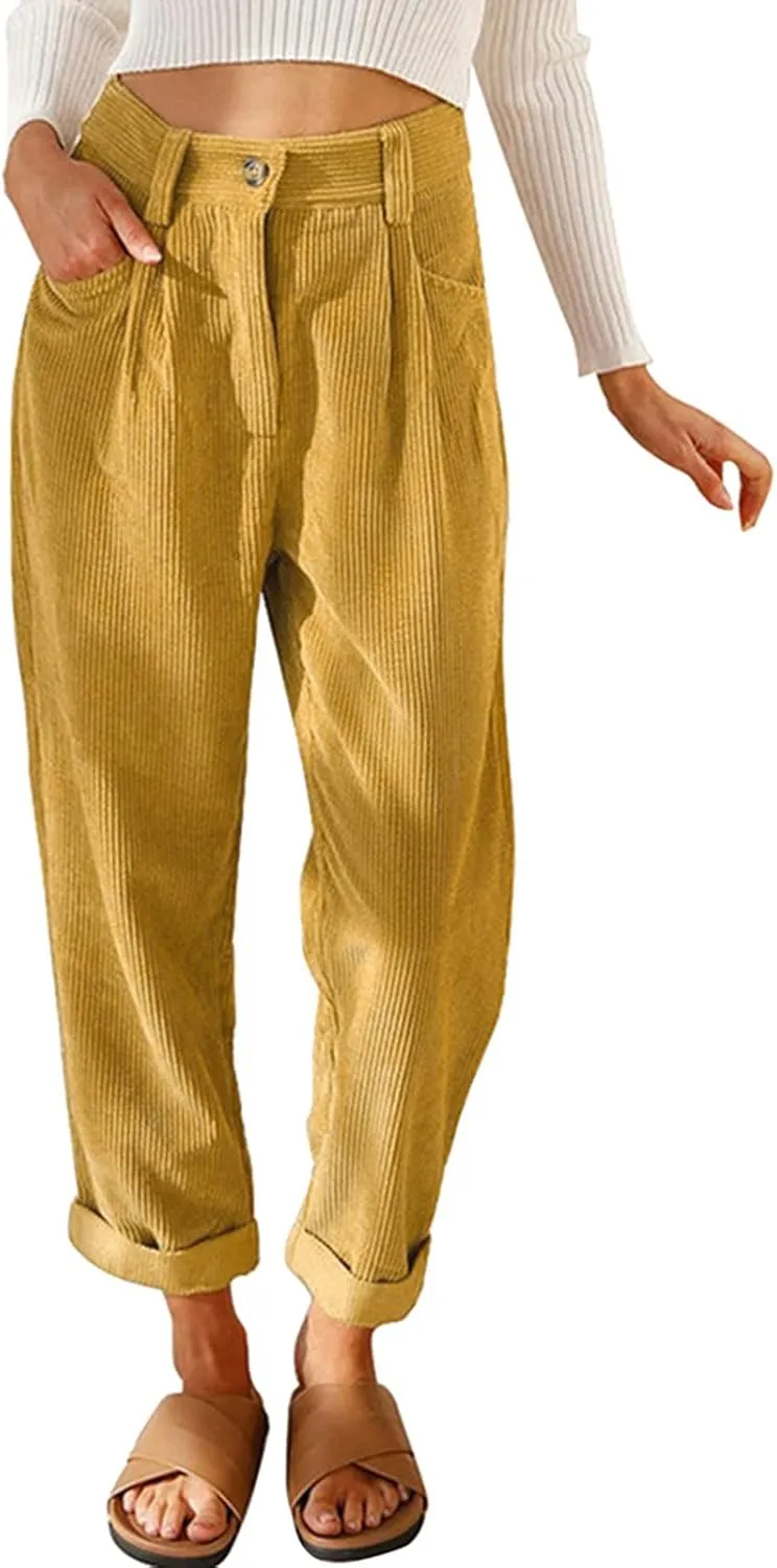 YOLAI Womens Corduroy Straight Leg Pants Elegant Casual High Waist Trousers Business Work Trousers with Pockets