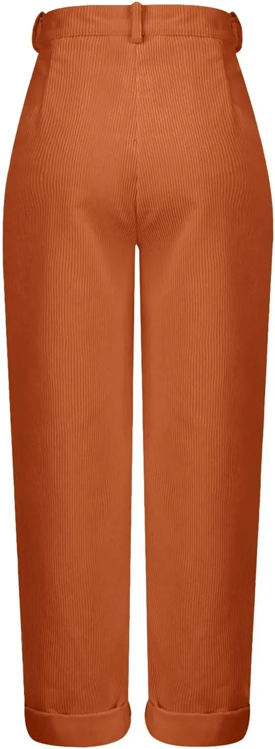 YOLAI Womens Corduroy Straight Leg Pants Elegant Casual High Waist Trousers Business Work Trousers with Pockets