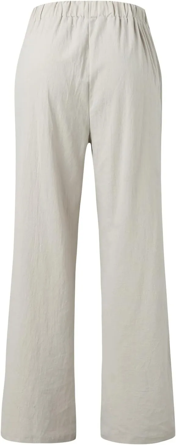 YOLAI Womens Solid High Waisted Trousers Loose Wide Leg Cozy Pants Straight Leg Trousers Pants with Pockets