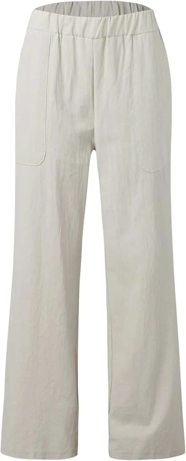 YOLAI Womens Solid High Waisted Trousers Loose Wide Leg Cozy Pants Straight Leg Trousers Pants with Pockets