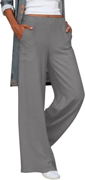 YOLAI Womens Solid High Waisted Trousers Loose Wide Leg Cozy Pants Straight Leg Trousers Pants with Pockets