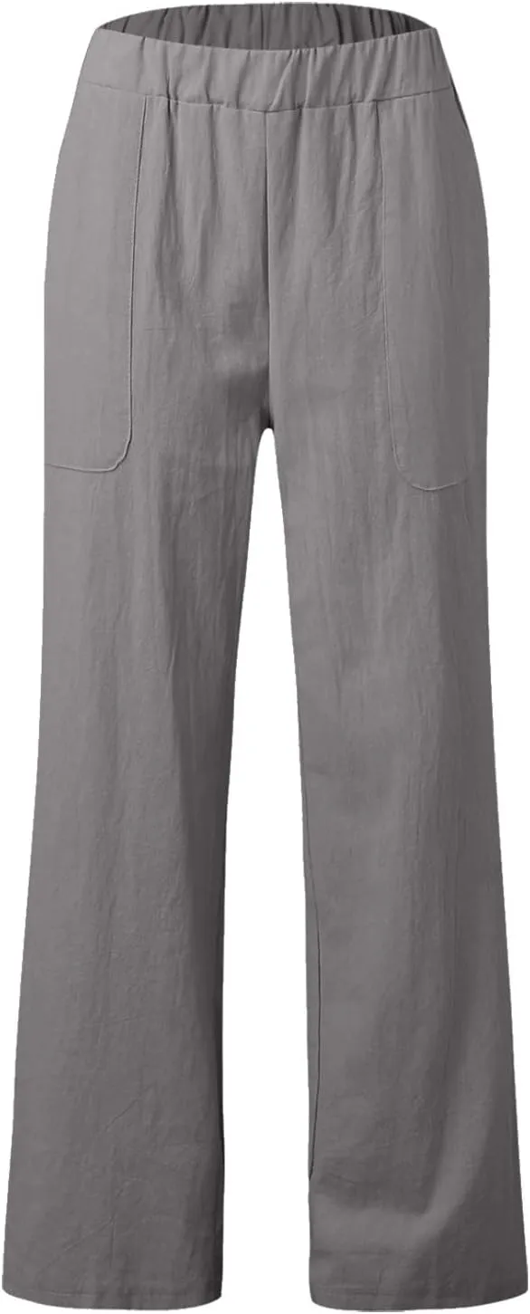 YOLAI Womens Solid High Waisted Trousers Loose Wide Leg Cozy Pants Straight Leg Trousers Pants with Pockets