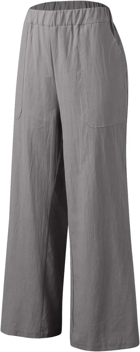 YOLAI Womens Solid High Waisted Trousers Loose Wide Leg Cozy Pants Straight Leg Trousers Pants with Pockets