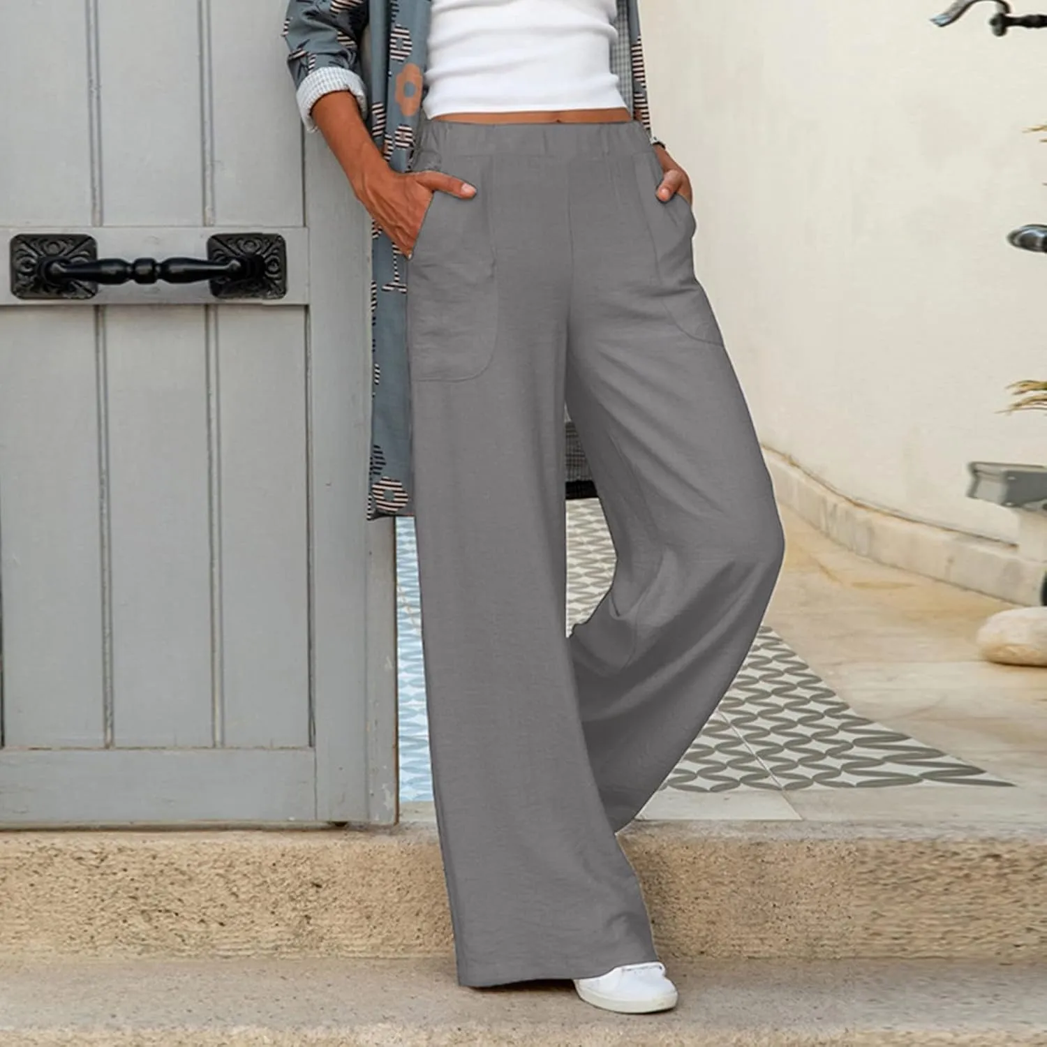 YOLAI Womens Solid High Waisted Trousers Loose Wide Leg Cozy Pants Straight Leg Trousers Pants with Pockets