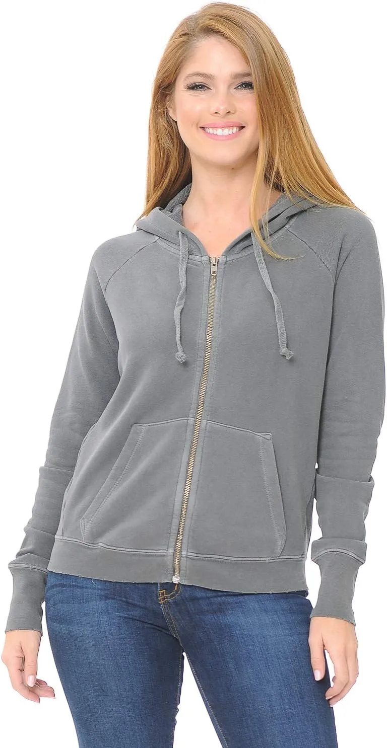 YURO-K Women's Hoodie Premium Pigment Dyed Cotton Vintage Raglan Zip Up Hoodies