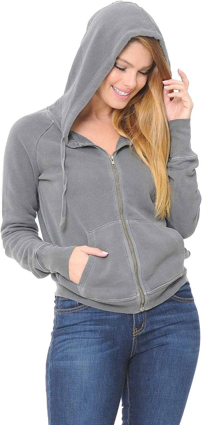 YURO-K Women's Hoodie Premium Pigment Dyed Cotton Vintage Raglan Zip Up Hoodies