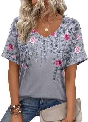 Zeagoo Womens Summer Tops Short Sleeve Casual Shirts Floral Tee Trendy 2025 Basics V Neck Plain Tshirt