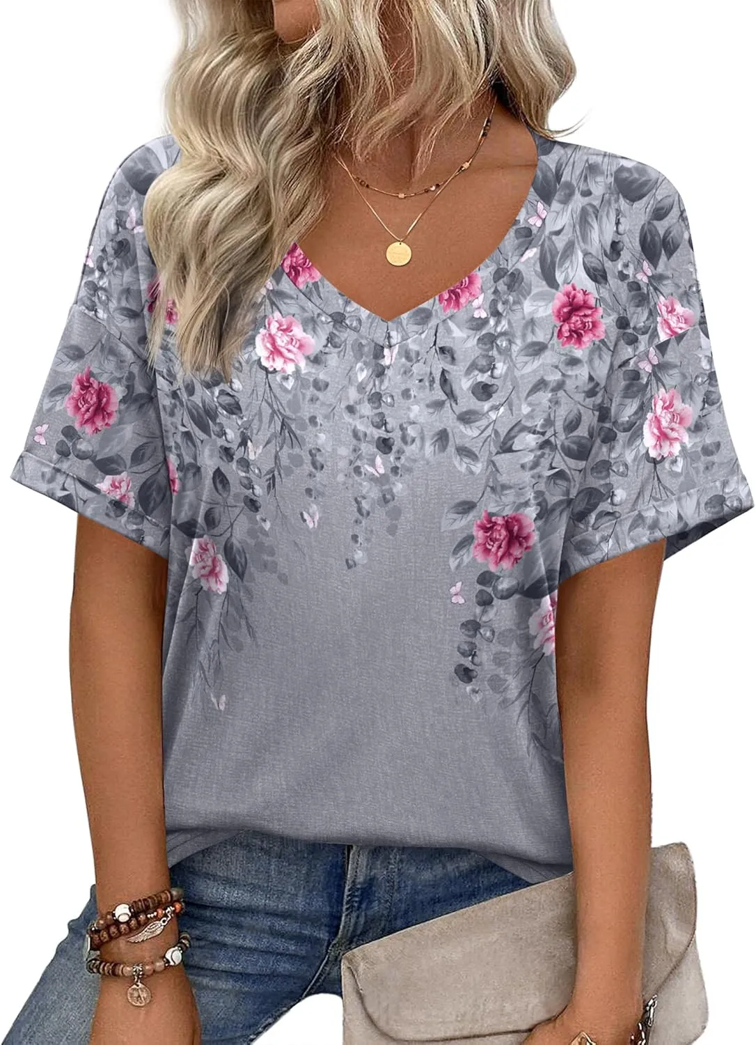 Zeagoo Womens Summer Tops Short Sleeve Casual Shirts Floral Tee Trendy 2025 Basics V Neck Plain Tshirt